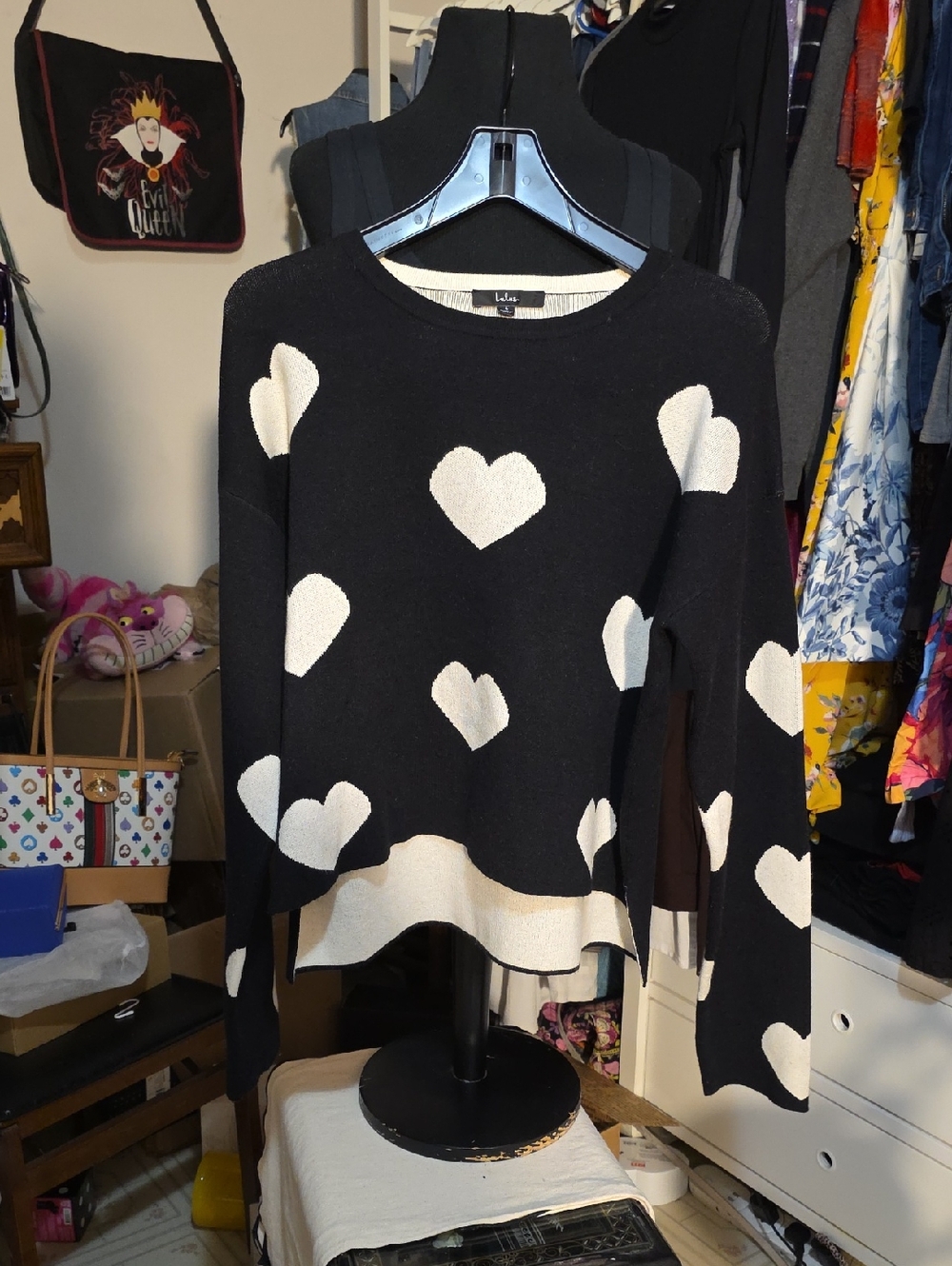 Lulu's Black Crewneck Sweater with Cream Heart Pattern